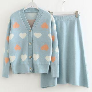 Set: Heart Printed V-neck Cardigan + Knit Midi A-line Skirt