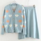 Set: Heart Printed V-neck Cardigan + Knit Midi A-line Skirt