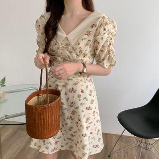 Short-sleeve Floral A-line Dress Floral - Red & Khaki - One Size