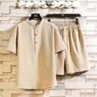 Set: Elbow-sleeve Henley Shirt + Sweatshorts