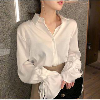 Drawstring-cuff Open-collar Shirt White - One Size