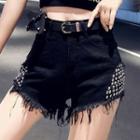 Studded Frayed Hem Denim Hot Pants