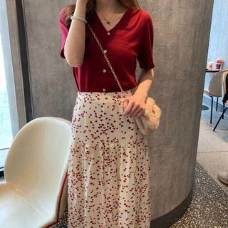 Set: Short-sleeve Button-up Top + Floral Print Midi A-line Skirt