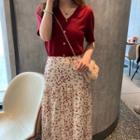 Set: Short-sleeve Button-up Top + Floral Print Midi A-line Skirt