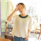 Elbow-sleeve Contrast-trim Knit Top