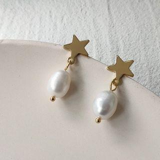 Freshwater Pearl Star Alloy Dangle Earring 1162 - 1 Pair - Star - Gold - One Size