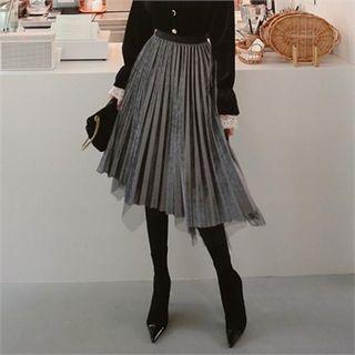 Mesh-overlay Pleated Midi Velvet Skirt