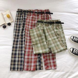 Color-block Plaid High-waist Cropped Harem Pants With Belt