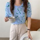 Short-sleeve Flower Print Knit T-shirt