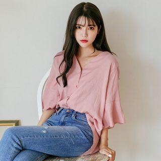 V-neck Bell-sleeve Textured Blouse