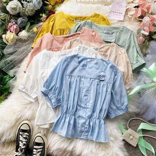 Square-neck Short-sleeve Plain Blouse