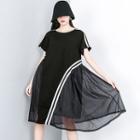 Striped Chiffon Panel Short-sleeve T-shirt Dress Black - One Size