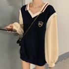 Long-sleeve Mock Two-piece Knit Top Navy Blue - One Size