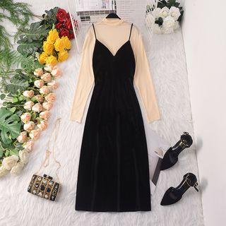 Set: Long-sleeve Chiffon Top + Spaghetti Strap Maxi Velvet Dress Top - Orangish Pink - One Size / Dress - Black - One Size