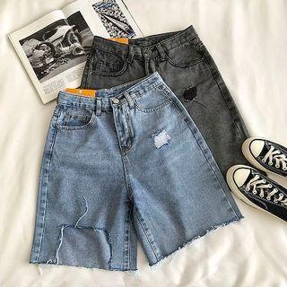 Asymmetric Distressed High-waist Shorts