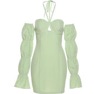 Bell-sleeve Off-shoulder Halter Mini Sheath Dress