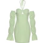 Bell-sleeve Off-shoulder Halter Mini Sheath Dress