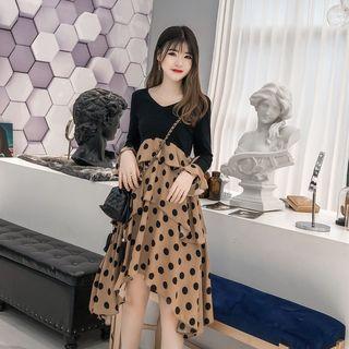Mock Two-piece Long-sleeve Midi Layered Dress