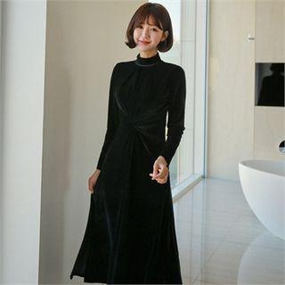 Mock-neck Twist-front Velvet Dress
