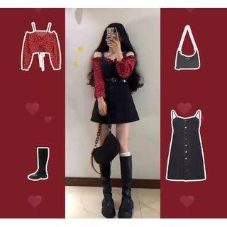 Puff-sleeve Blouse / Spaghetti Strap Dress / Set
