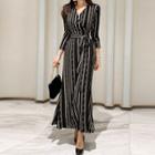 V-neck Long-sleeve Striped Midi A-line Dress