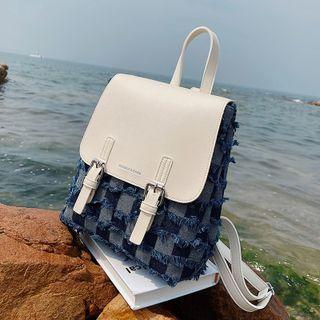 Checkered Fringed Trim Denim Backpack