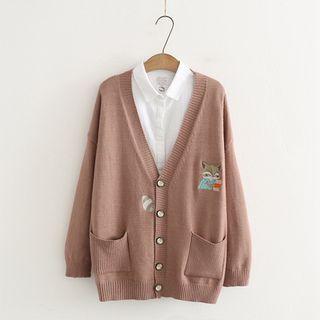 Fox Embroidered Double-pocket Knit Cardigan