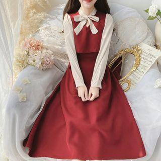 Long-sleeve Ribbon Two-tone Midi A-line Dress