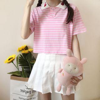 Heart Embroidered Striped Short Sleeve Polo Shirt