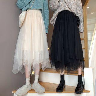 Mesh Asymmetric A-line Midi Skirt