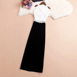 Sleeveless Lace Panel Slit Maxi Dress