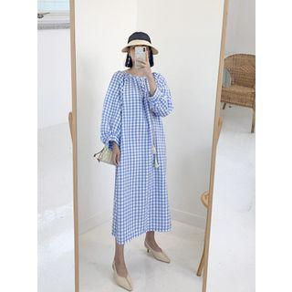 Tasseled Balloon-sleeve Long Gingham Dress