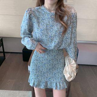 Long-sleeve Flower Print Chiffon Dress