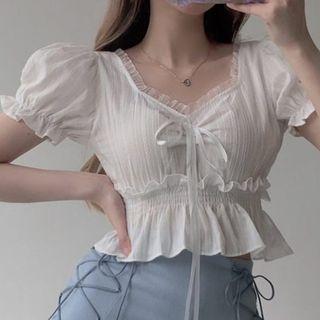 Bell-sleeve Ruffle Trim Tie-front Cropped Top