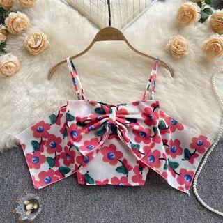Cold-shoulder Ribbon Print Crop Top