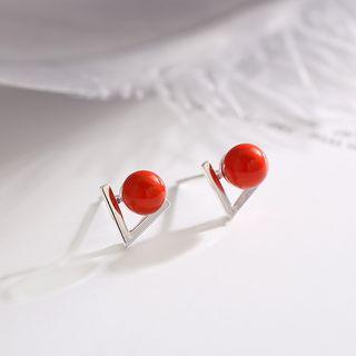 925 Sterling Silver Bead / Faux Pearl Letter V Earring