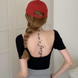 Short-sleeve Plain Open-back Crop Top