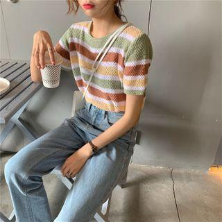 Round Collar Striped Knit Short-sleeved Top