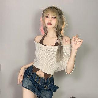 Set: Halter Camisole Top + Elbow-sleeve Off-shoulder Knit Top