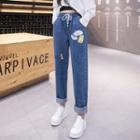 Lettering Cartoon Print Tapered Cropped Jeans