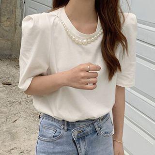 Elbow-sleeve Faux Pearl Top