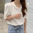 Elbow-sleeve Faux Pearl Top