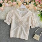 V-neck Eyelet-lace Puff-sleeve Blouse