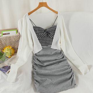 Set: Strappy Sheath Dress + Light Jacket Dress - Black & Gray - One Size / Jacket - White - One Size