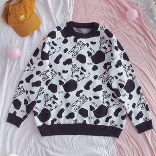 Milk Cow Print Sweater 1 Pc - Sweater - Black & White - One Size