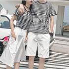 Couple Matching Short-sleeve Striped T-shirt / Shorts / Midi A-line Skirt / Set