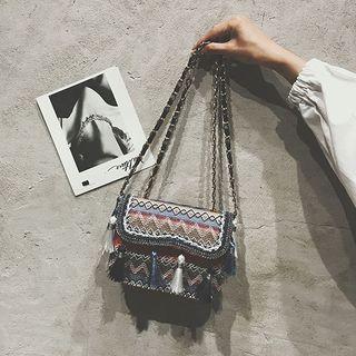 Embroidered Tasseled Faux Leather Crossbody Bag