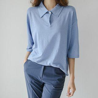 Elbow-sleeve Textured Linen Polo Shirt
