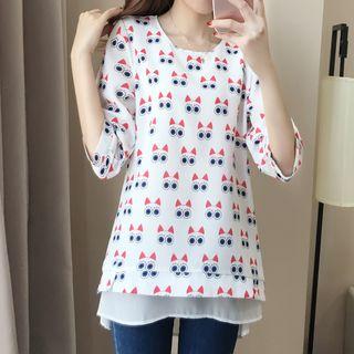Cat Print Elbow-sleeve Top