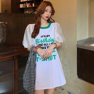 Puff-sleeve Letter Print T-shirt Dress